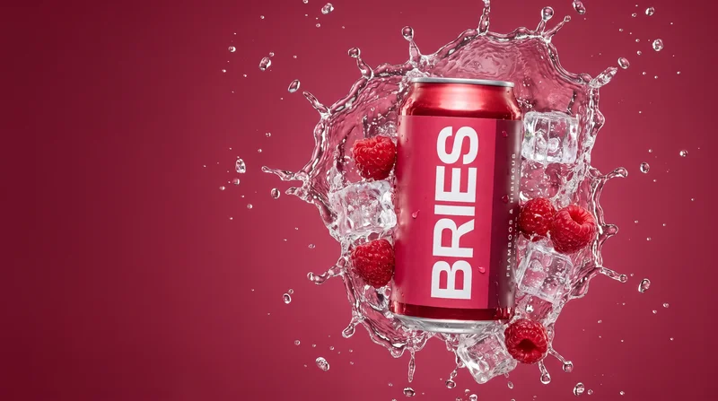 Blik frisdrank BRIES in een splash van water, ijs en frambozen