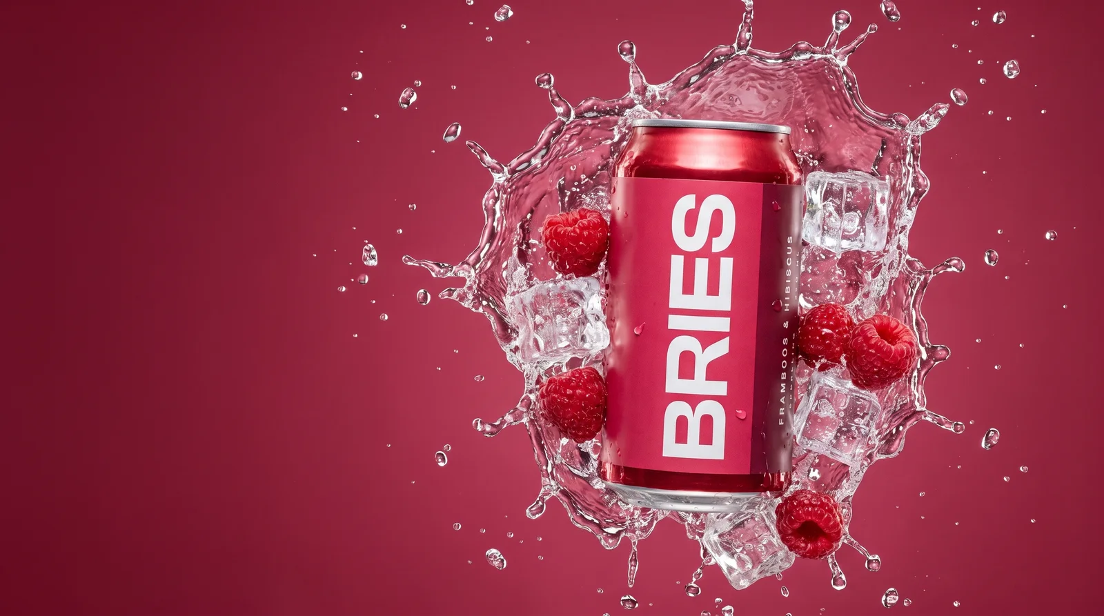 Blik frisdrank BRIES in een splash van water, ijs en frambozen